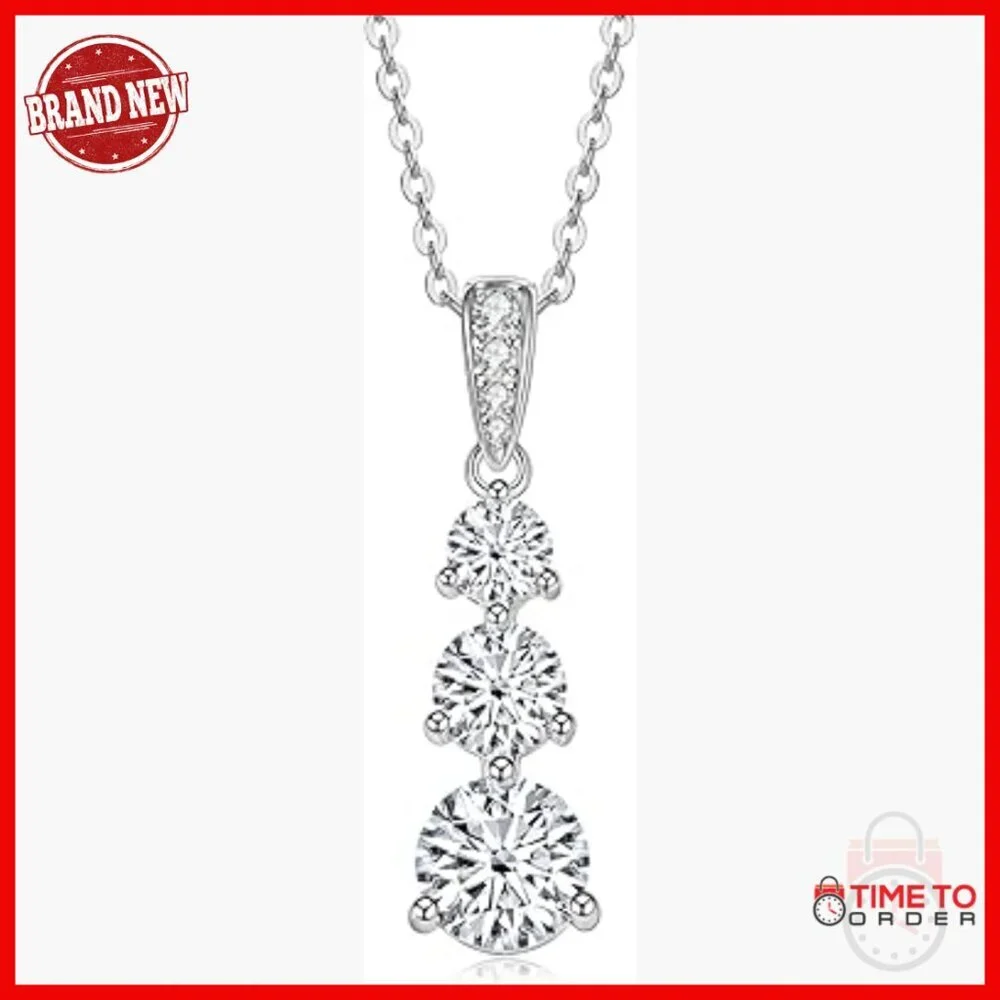 Sterling Silver Moissanite 3 Stone Pendant Necklace 18-20 Inch